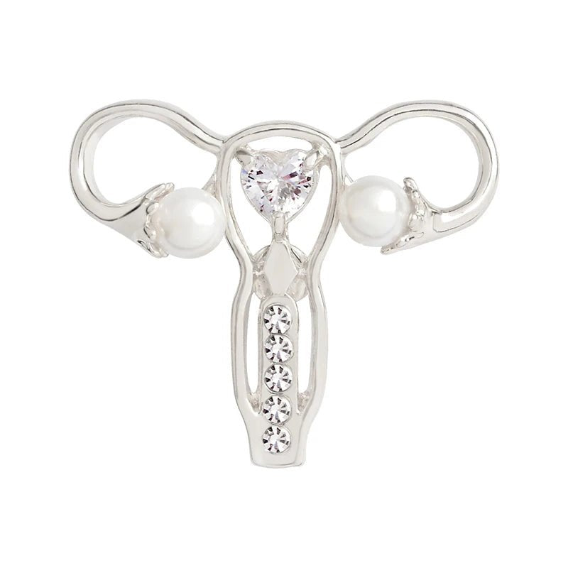 Silver brooch, shaped like a uterus and adorned with pearls and rhinestones, sits beside a simple uterus illustration—an ideal feminist gift for anyone who loves unique ovary pins.