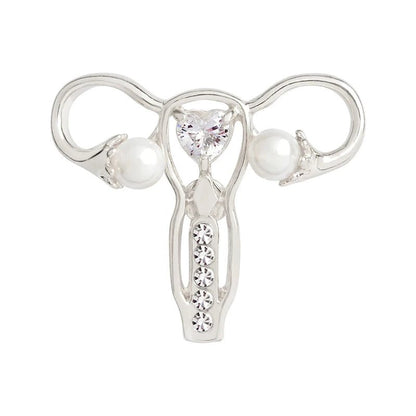 Silver brooch, shaped like a uterus and adorned with pearls and rhinestones, sits beside a simple uterus illustration—an ideal feminist gift for anyone who loves unique ovary pins.
