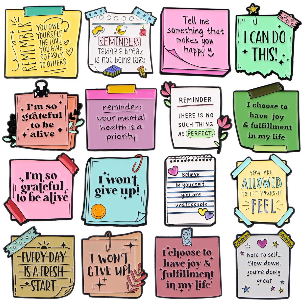 A vibrant collage of motivational sticky notes featuring affirmations like “You owe yourself the love you give others” and “Every day is a fresh start,” inspiring self-empowerment daily.