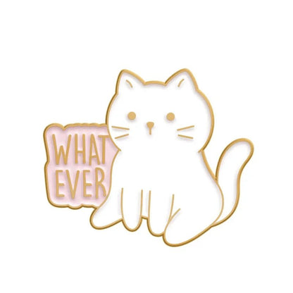A white outlined cartoon cat with a neutral face and curled tail sits by a pink speech bubble reading WHATEVER—this quirky design makes a cute, fun enamel pin for your collection.