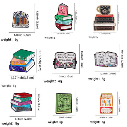 A grid of nine colorful enamel pins with book-themed designs—books, stacks, Booktrovert quotes, and tributes to fictional characters. Each pin’s measurements and weight are listed.