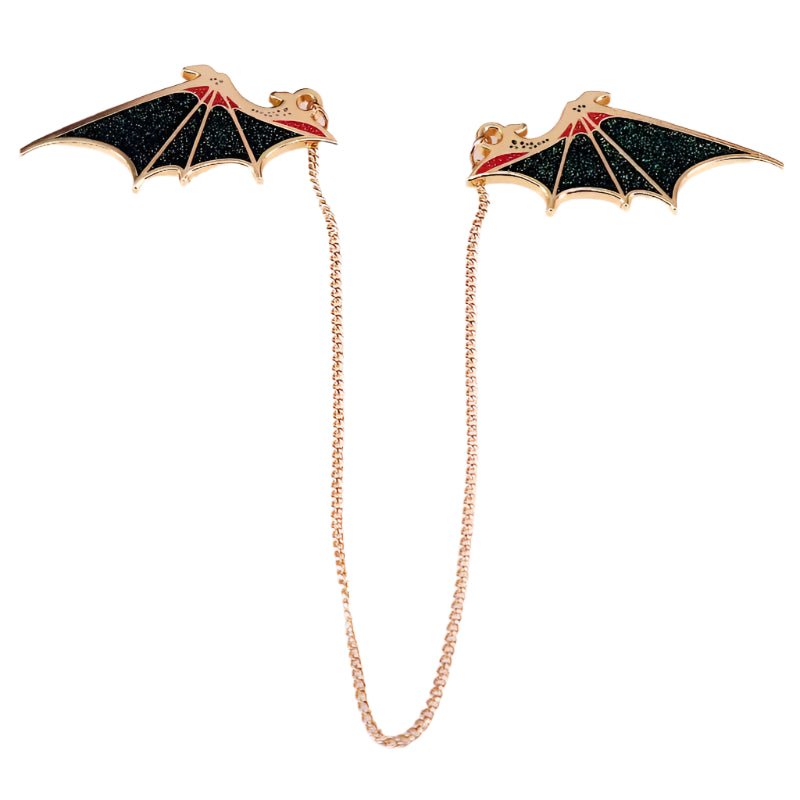 Bat-shaped dragon wing brooches with gold chain