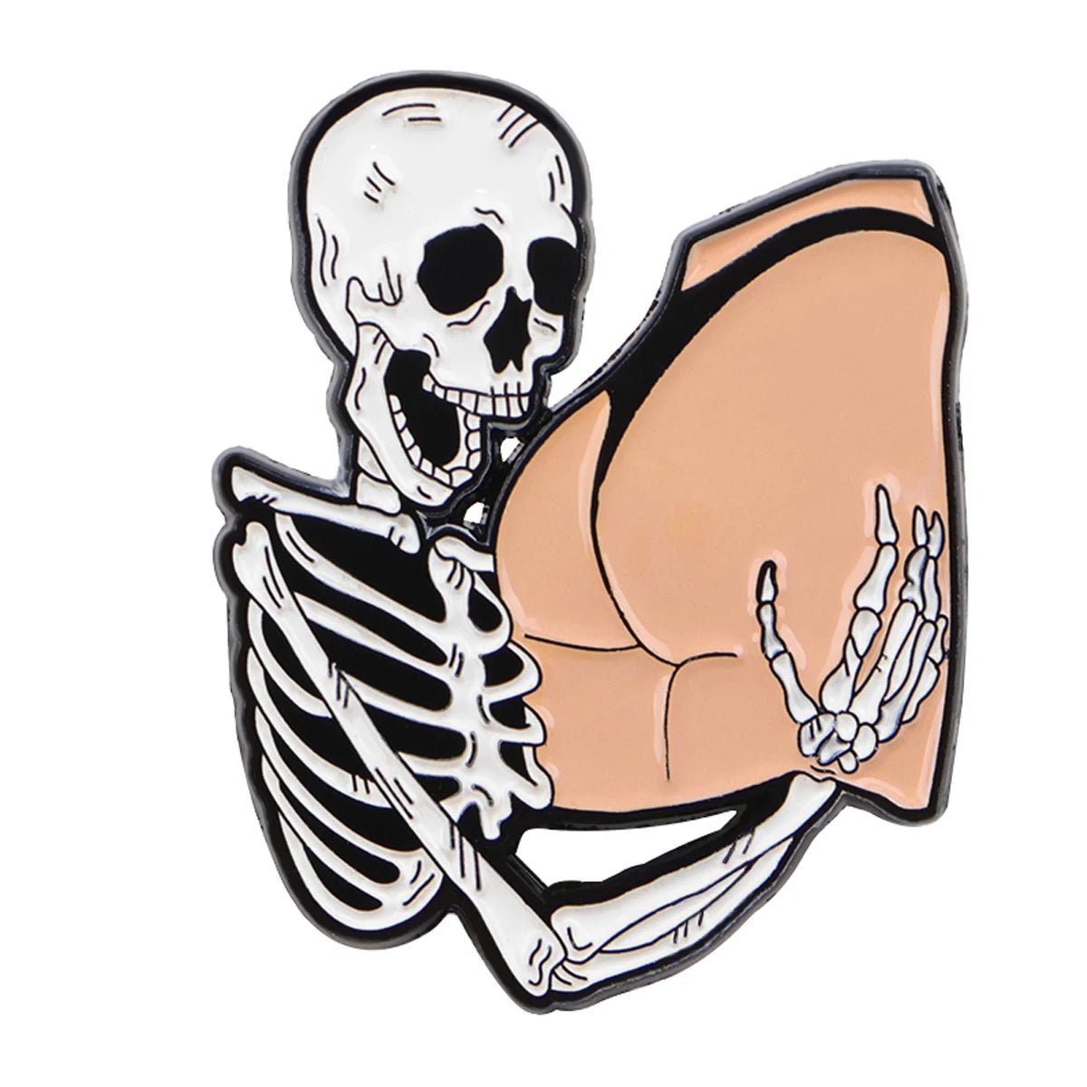 Enamel pin humorously features a cartoon skeleton kissing a large, stylized human buttock, with bold outlines and simple colors for a playful lapel accessory.