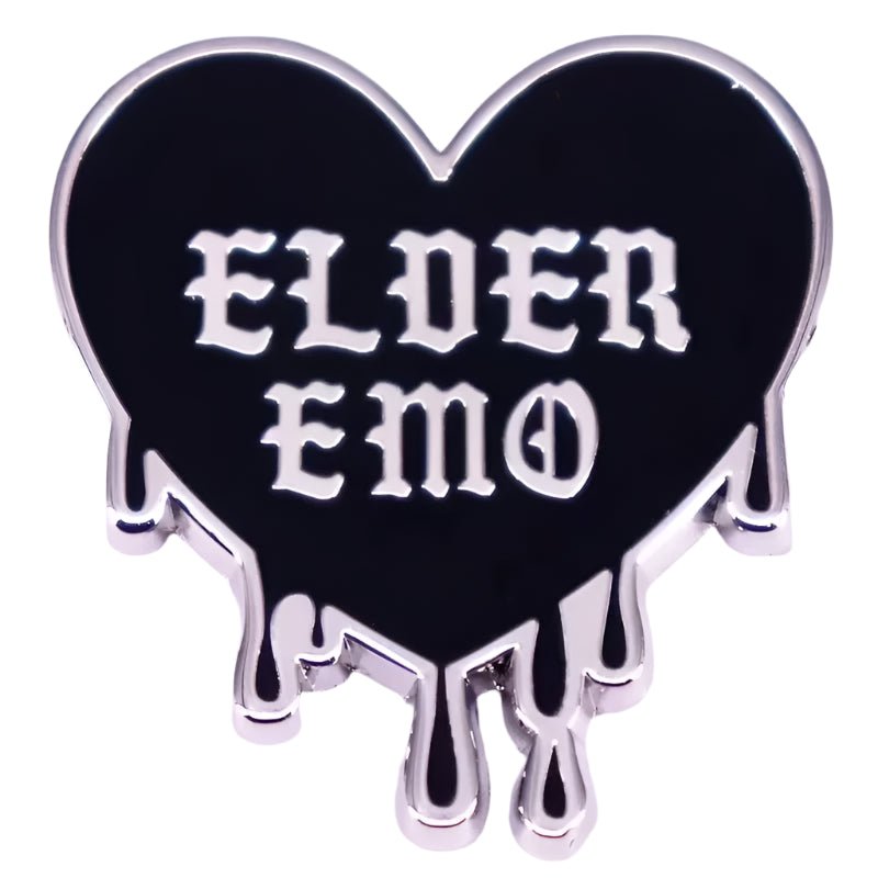 black heart-shaped pin with silver trim and dripping edges features bold, gothic white ELDER EMO text—perfect to pair with your favorite Gothic spider pin.