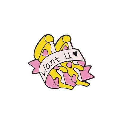 A drawing of yellow ballet slippers with pink ribbons, hearts, and a white “Want U” banner—a cute pin, perfect for fans of pink-and-yellow or Miss You pins.