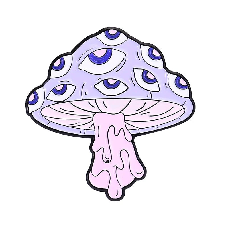 A cartoon-style purple mushroom pin with multiple blue eyes and a pink, melting stem in a surreal psychedelic design—perfect for fans of quirky accessories like the pink cat pin.