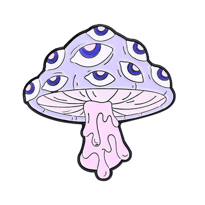 A cartoon-style purple mushroom pin with multiple blue eyes and a pink, melting stem in a surreal psychedelic design—perfect for fans of quirky accessories like the pink cat pin.
