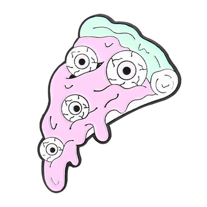 A cartoon-style pizza slice with pastel pink and mint green toppings, featuring four large eyeball-like circles—perfect to pair with your favorite skull enamel pin or pink cat pin.