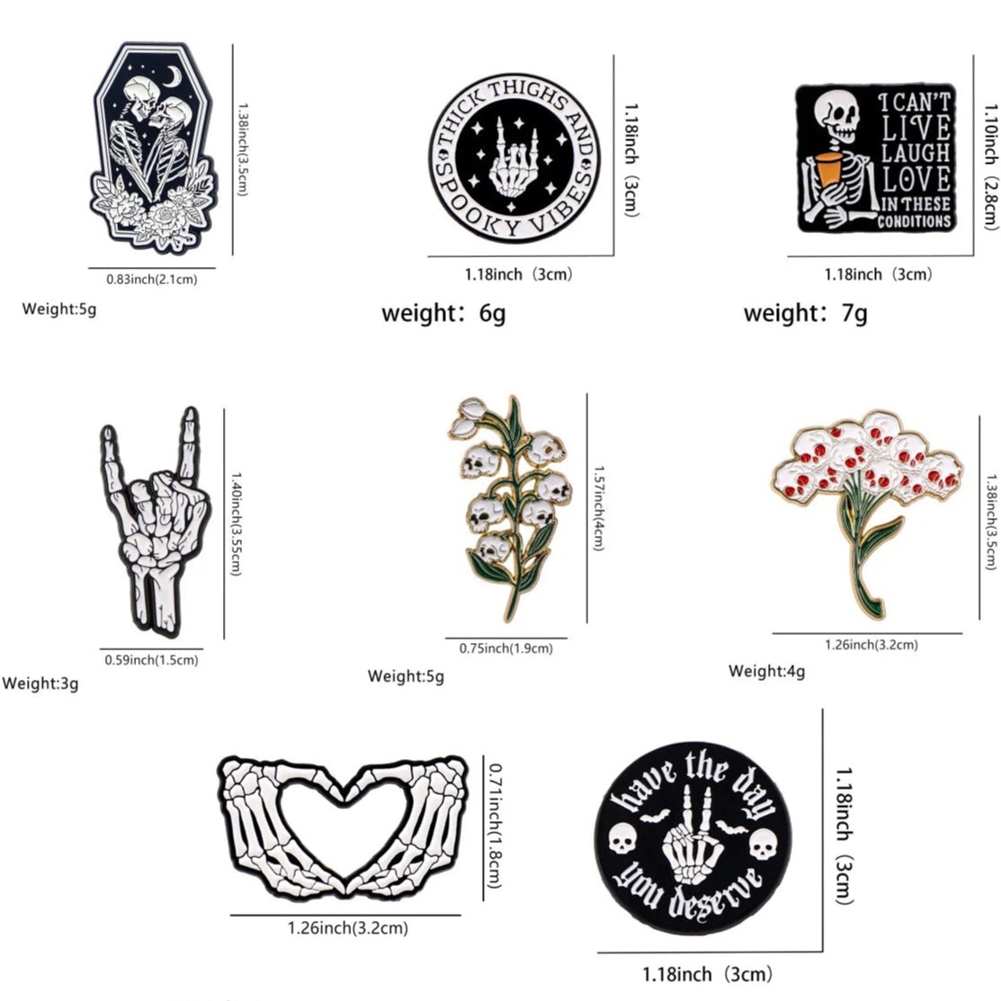 Kiss Me Later presents a set of nine enamel pins with skeletons, flowers, hand signs (including a skeleton hand pin), and positive messages—each labeled with size and weight—displayed on white for spooky vibes.