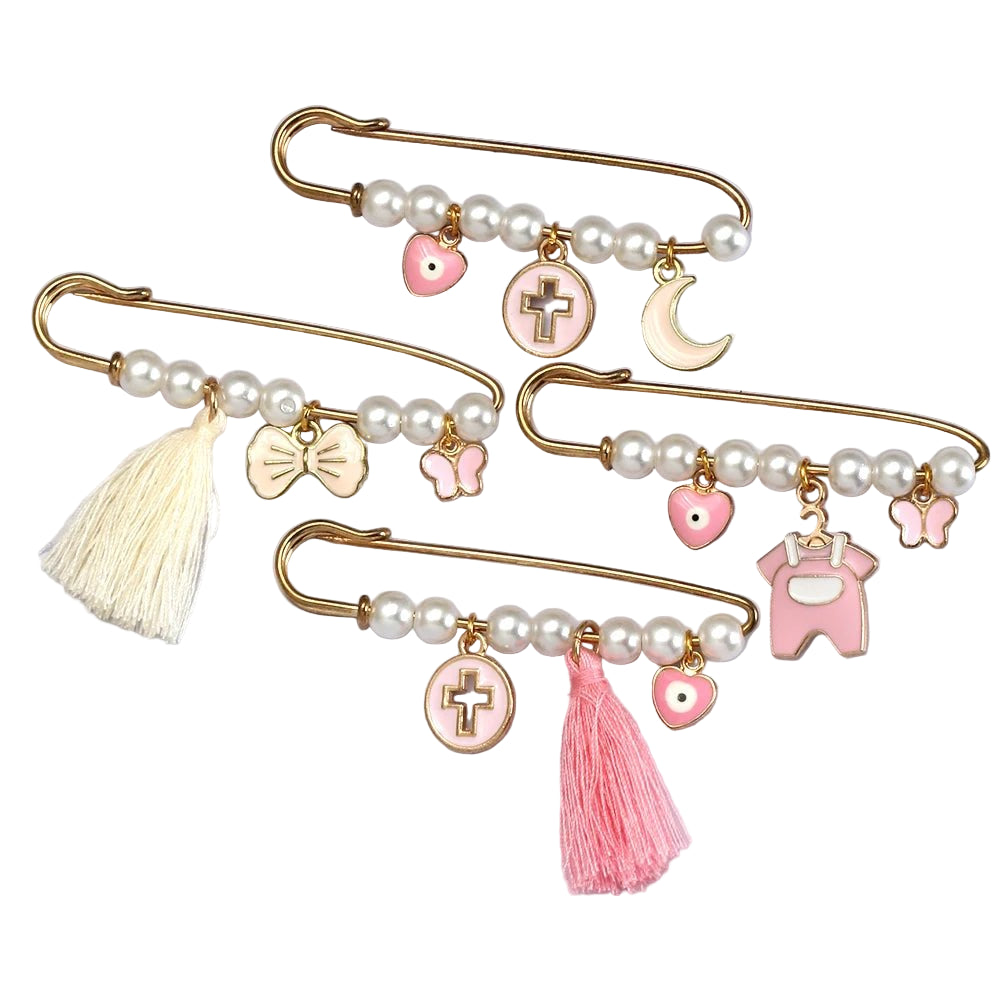 Kiss Me Later offers three decorative gold baby diaper safety pins with white beads and pink/gold charms—cross, heart, moon, tooth, butterfly, bow, tassel—making a charming evil eye pin or brooch that’s an ideal baby shower gift.