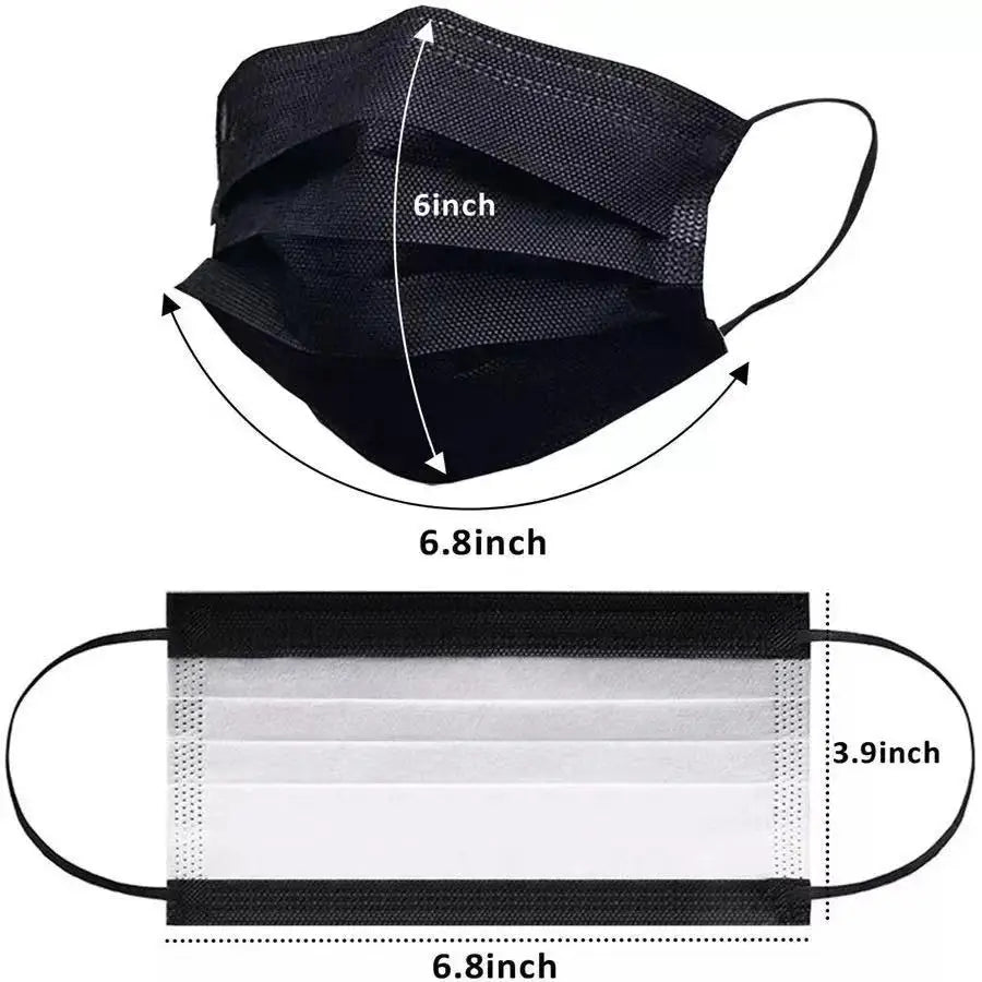 Two images of the Kiss Me Later black disposable medical face mask are shown. The first shows the triple-layer mask side view (6 x 6.8), while the second displays it flat at 6.8 wide by 3.9 high.