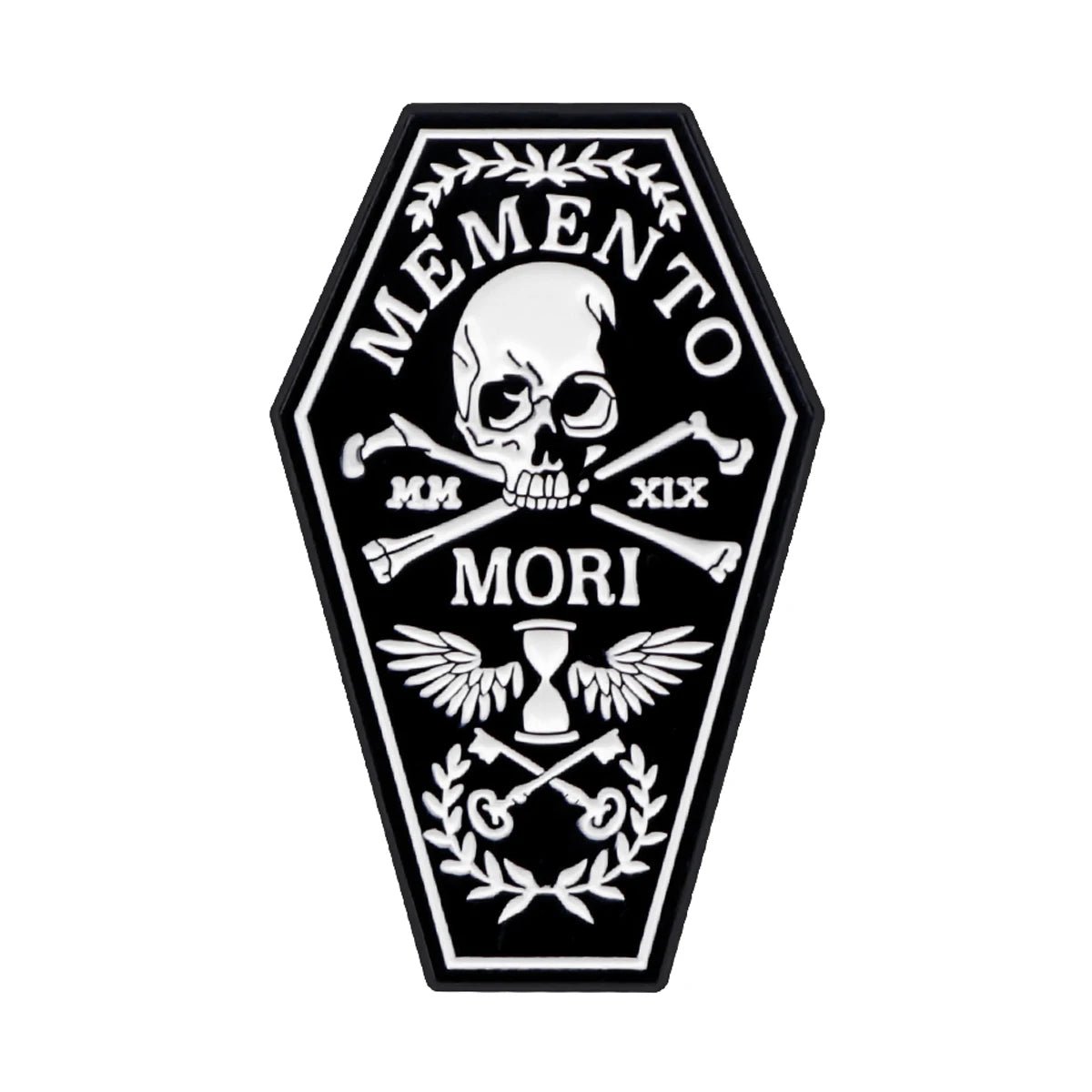 A black coffin-shaped patch by Kiss Me Later featuring a skull and crossbones, Memento Mori, laurel branches, crossed keys, Roman numerals MM XIX, a winged hourglass—spooky vibes perfect with your skeleton hand enamel pin.