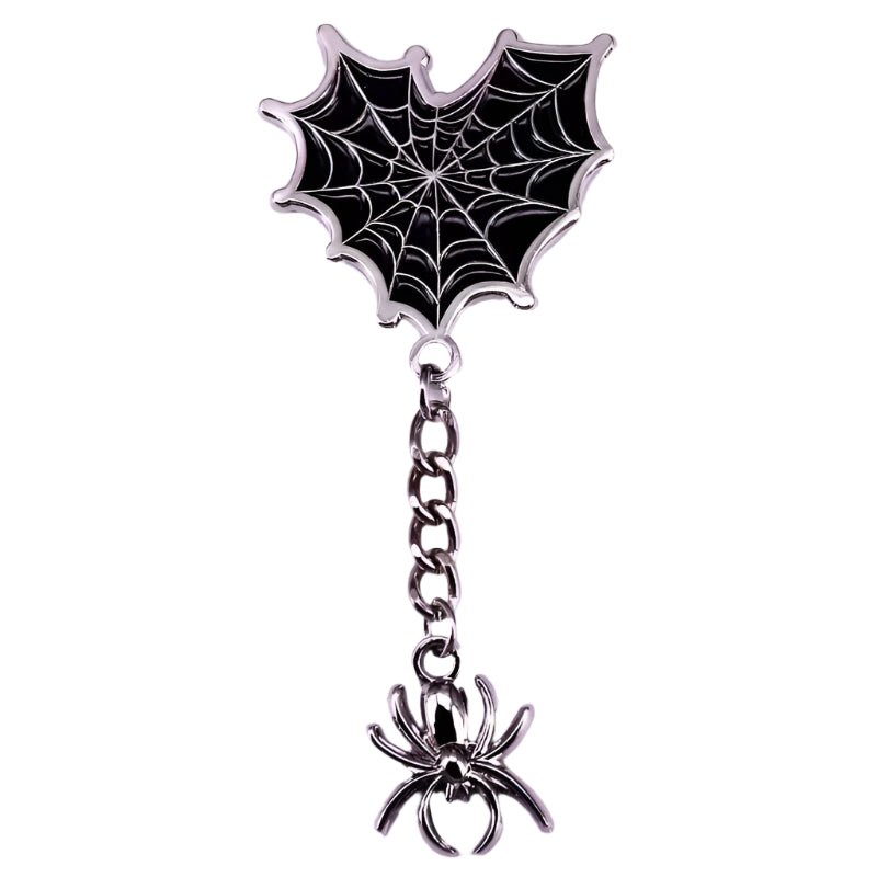Gothic spider pin features a black heart-shaped spiderweb, a silver chain, and a dangling silver spider charm.