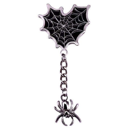 Gothic spider pin features a black heart-shaped spiderweb, a silver chain, and a dangling silver spider charm.