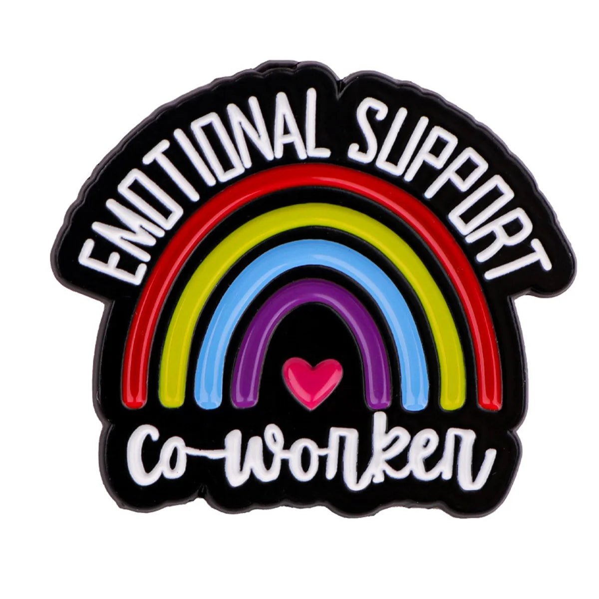 Emotional Support enamel pin features a rainbow, pink heart, and Emotional Support co-worker in bold letters on black—a fun, colorful gift to motivate any coworker who needs a boost.