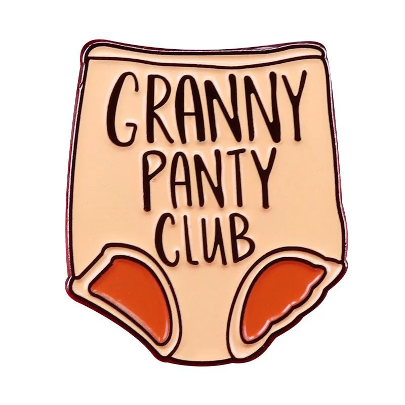 A My Cutesy Era pin shaped like beige high-waisted underwear with GRANNY PANTY CLUB in bold text, brown accents at the leg openings, and a playful style inspired by pink panties enamel pins.