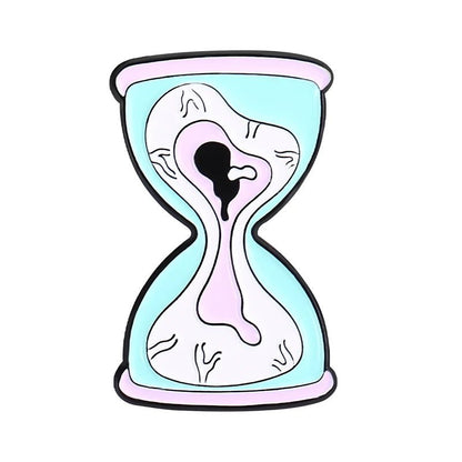 A stylized, cartoon-like hourglass features pastel pink and blue colors, abstract wavy lines for a melted look reminiscent of quirky skull enamel pins, all set against a plain white background.