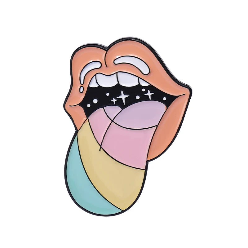 Enamel pin features open lips with white teeth, outlined in black, and a pastel rainbow tongue in light blue, yellow, pink, and purple segments with sparkles inside the mouth.