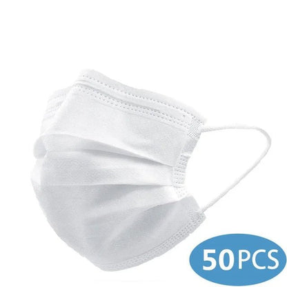 A white My Cutesy Era disposable medical face mask with ear loops is shown. A blue label at the bottom right corner states 50 PCS, indicating a bulk pack of triple-layer face masks.
