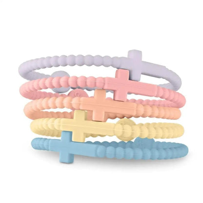 A set of five Kiss Me Later Cutie Bracelet silicone beaded bracelets in pastel purple, pink, orange, yellow, and blue—each with a cross-shaped central Jesus-inspired design.
