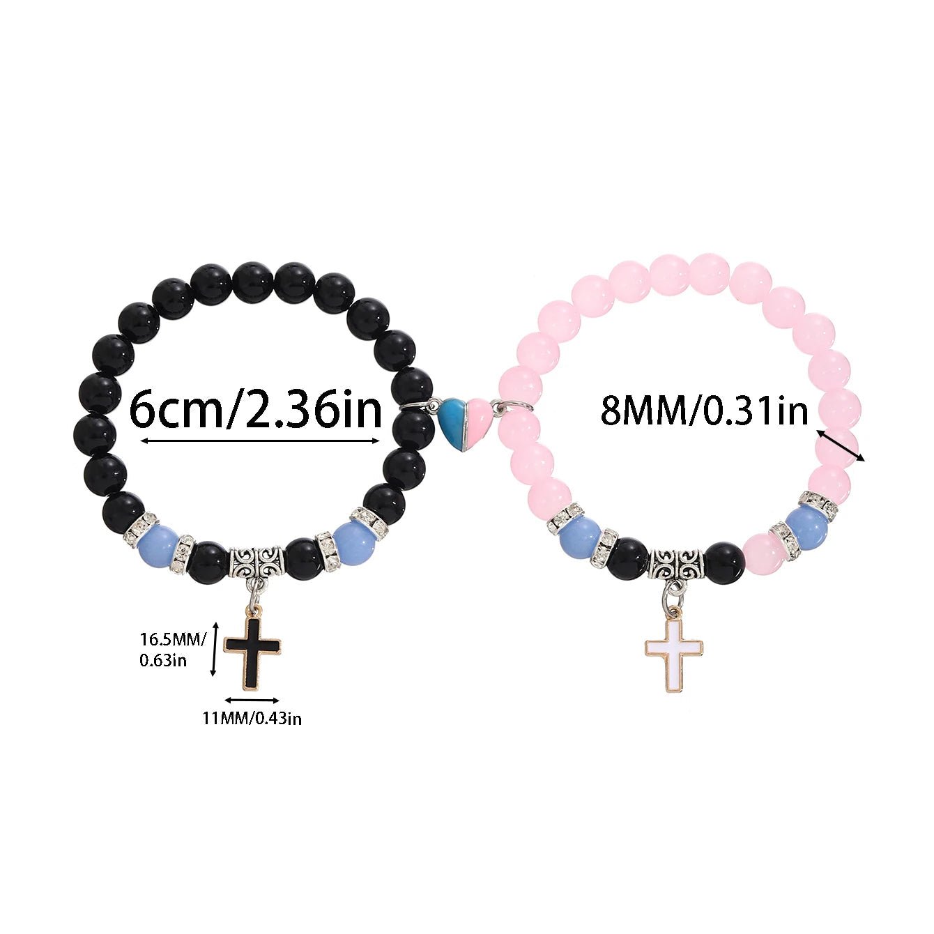 Two beaded Christian magnetic glow in the dark couple bracelets with cross charms, one black and blue, the other pink and blue