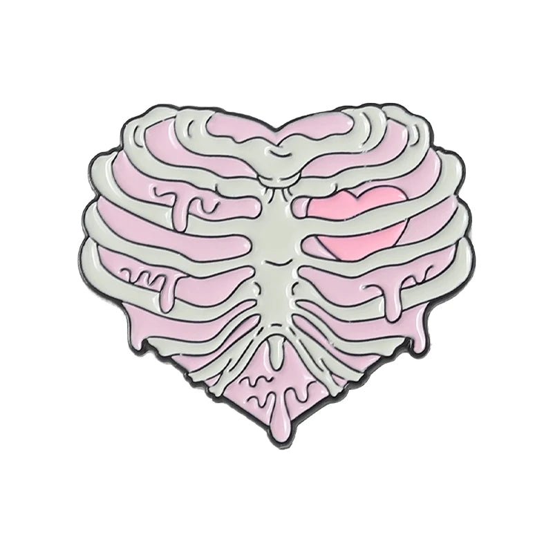 A stylized badge of a pink skeleton rib cage shaped like a heart, with dripping pink and white details and a small pink heart inside on the right side.