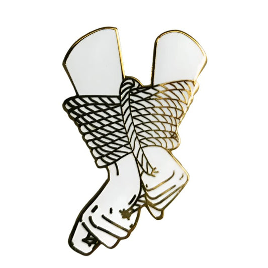 Illustration of two hands with wrists bound by rope in black, white, and gold outlines on a plain background—ideal for a two hands bound pin or rope pin design from My Cutesy Era.