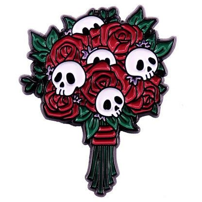 A bold, graphic Gothic Bouquet featuring red roses, white cartoon skulls, and green leaves and stems.