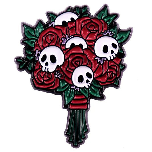 A bold, graphic Gothic Bouquet featuring red roses, white cartoon skulls, and green leaves and stems.