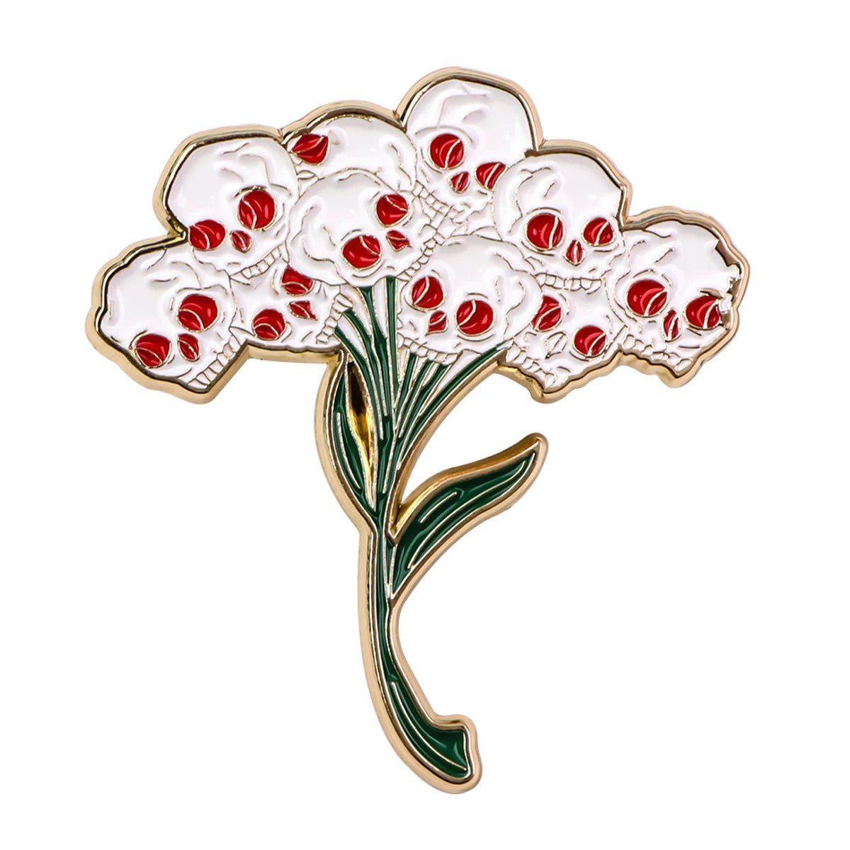 Kiss Me Laters enamel pin features a skeleton hand holding a bouquet of white skulls with red eyes as flowers, green stems and leaves, all outlined in gold for an extra spooky touch.