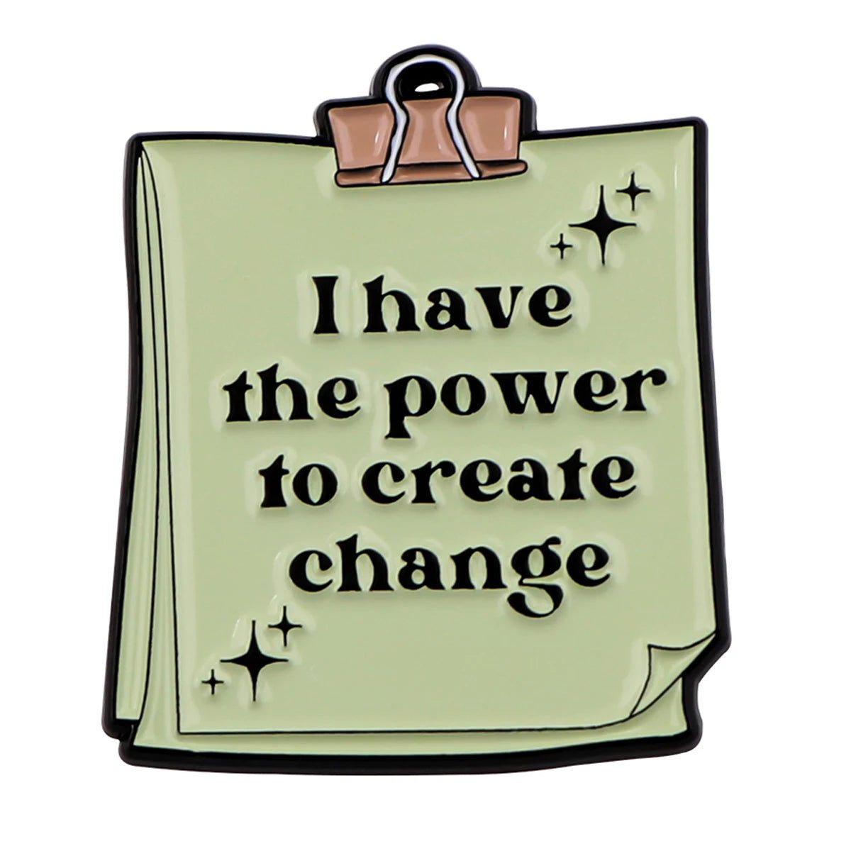 A green notepad features a top clip and the bold words “I have the power to create change,” with three sparkling stars—ideal for daily affirmations and self-empowerment.