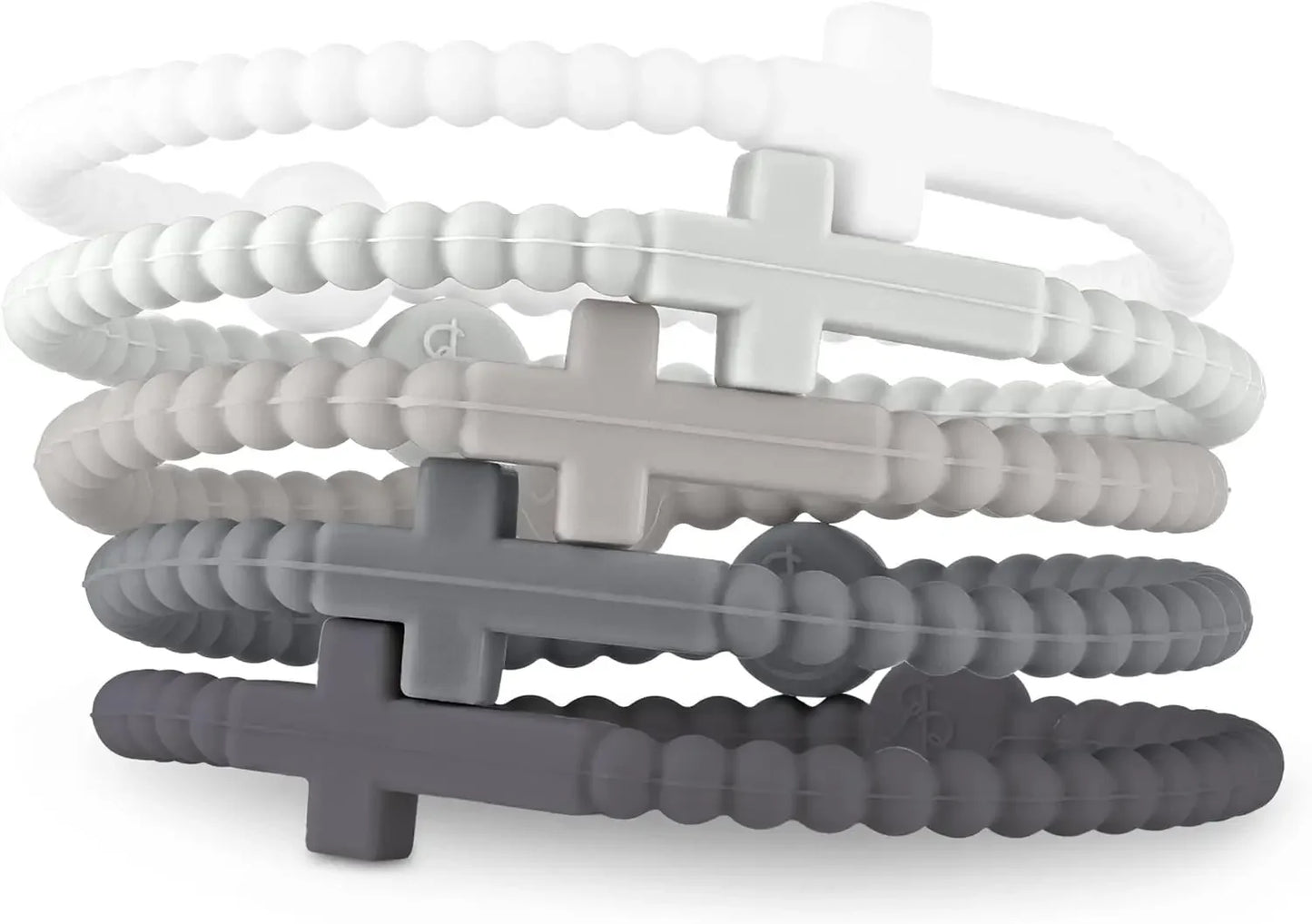 Five Kiss Me Later silicone Cutie Bracelets with cross charms, stacked in a gradient from white to dark gray. Each bracelet expresses faith stylishly, featuring a unique shade inspired by Jesus.