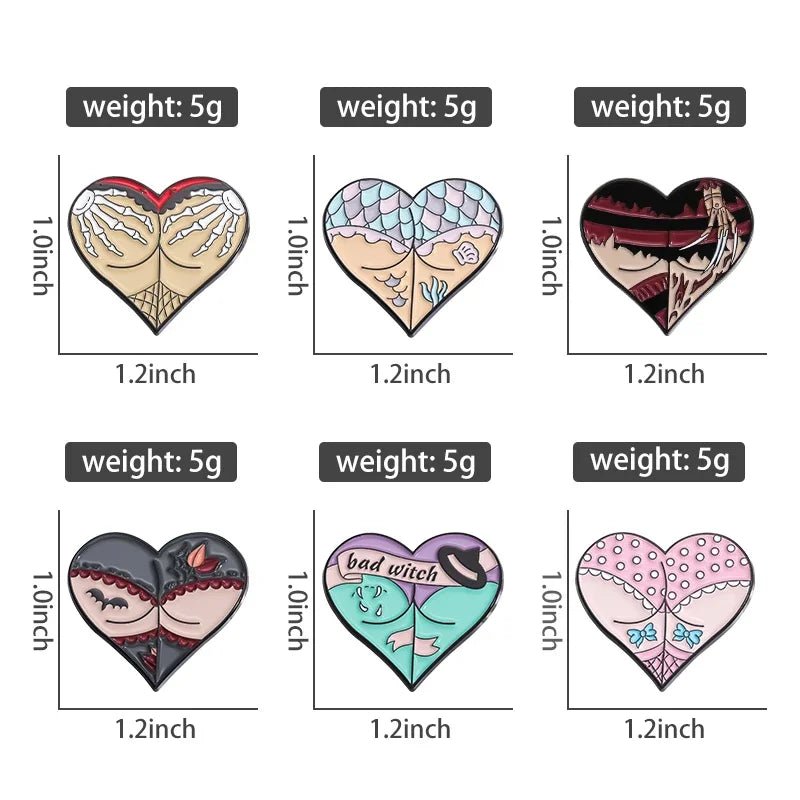 Six heart-shaped enamel pins, each 1.0 x 1.2 and 5g, feature assorted illustrated designs in different colors and themes like Gothic skeleton hands, mermaid tails, witches, fishnets, and lace patterns.