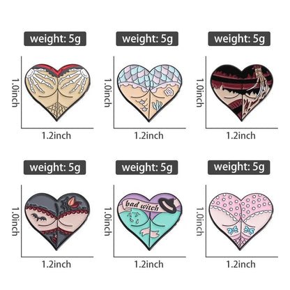 Six heart-shaped enamel pins, each 1.0 x 1.2 and 5g, feature assorted illustrated designs in different colors and themes like Gothic skeleton hands, mermaid tails, witches, fishnets, and lace patterns.