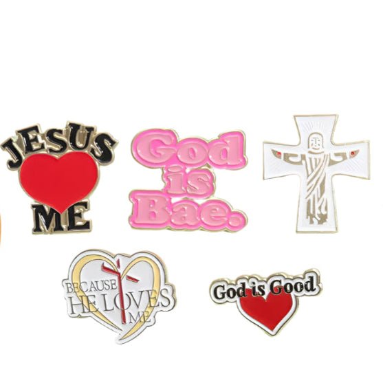 Set of six Christian enamel pins by My Cutesy Era, featuring cute pink designs: JESUS ♥ ME, God Is Bae, stylized cross, BECAUSE HE LOVES ME, and God is Good with a red heart.