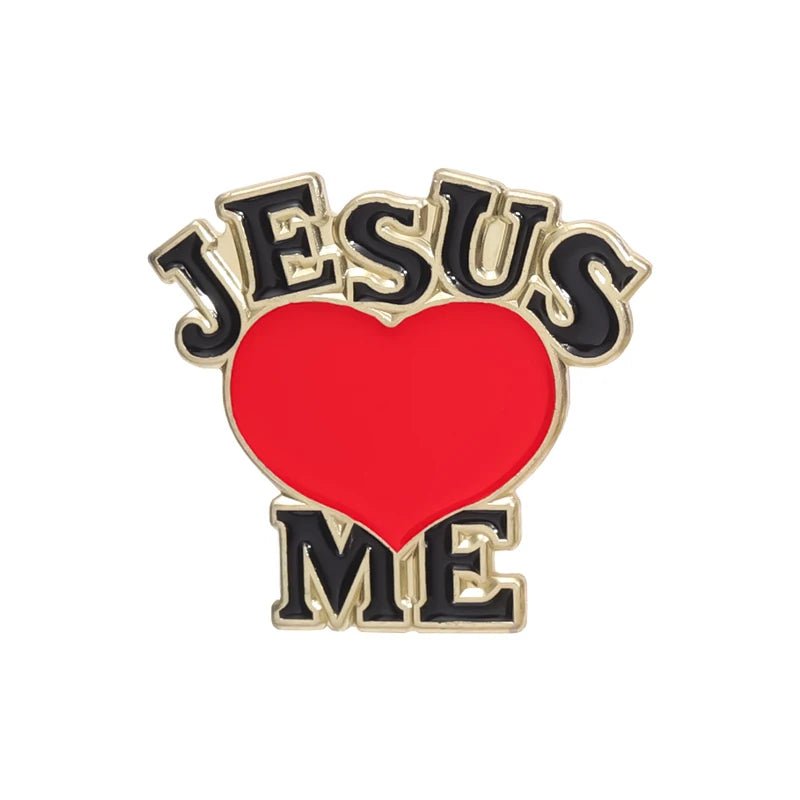 The Kiss Me Later pink enamel pin features JESUS above a bold red heart and ME below, symbolizing Jesus loves me. Black text with a gold outline pops on a white background for a cute, meaningful accessory.