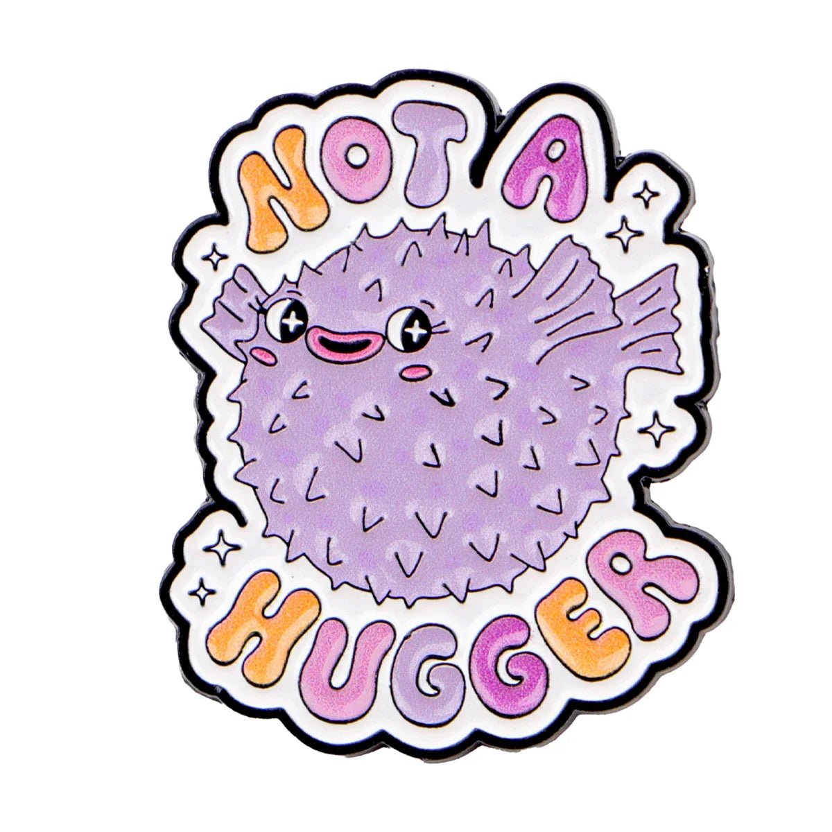 Gay Skate’s cute, cartoon-style purple pufferfish pin features Not a Hugger in colorful bubble letters with small stars, making it a fun pride accessory.
