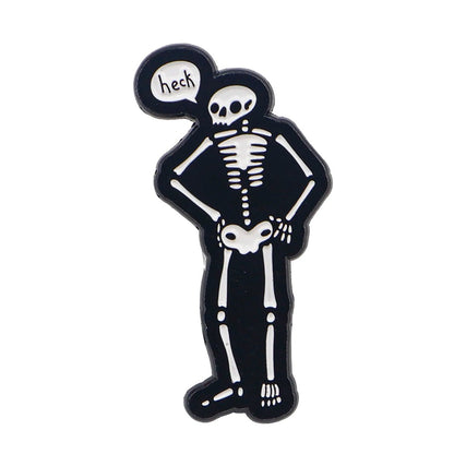 The Kiss Me Later cartoon skeleton stands with thick thighs, hands on hips, one leg crossed, and a speech bubble saying “heck,” bringing serious spooky vibes.