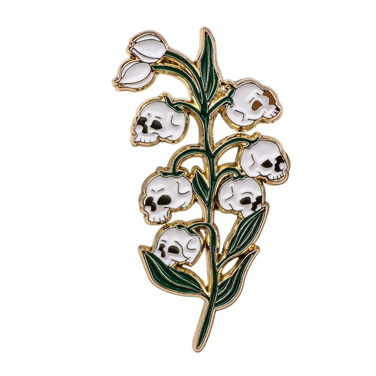 The Kiss Me Later enamel pin features a flower stem with green leaves and white skull-shaped blossoms outlined in gold—an ideal spooky accent for your collection.