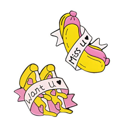 Want U pizza and Miss U hot dog enamel pins