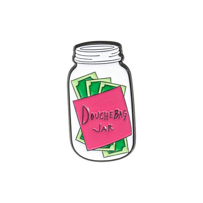 A cartoon-style illustration of a glass jar with green bills, a pink Douchebag Jar label, and Red Rose Cash-inspired elements 