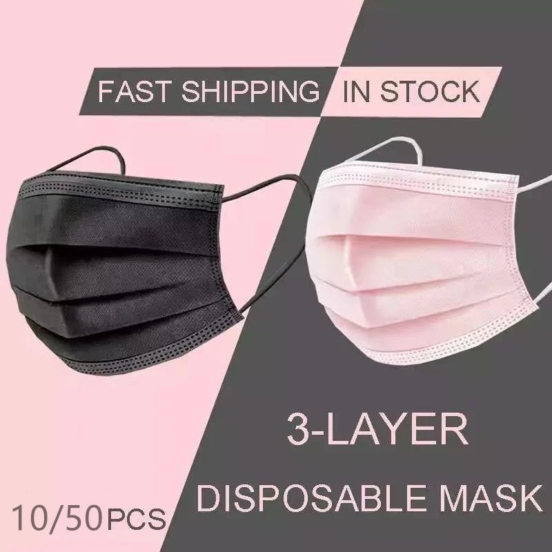 Promotional image featuring Kiss Me Later black and pink 3-layer disposable masks with ear loops. Text: FAST SHIPPING IN STOCK, 10/50PCS—ideal for bulk face mask buyers—on a split gray and mauve background.