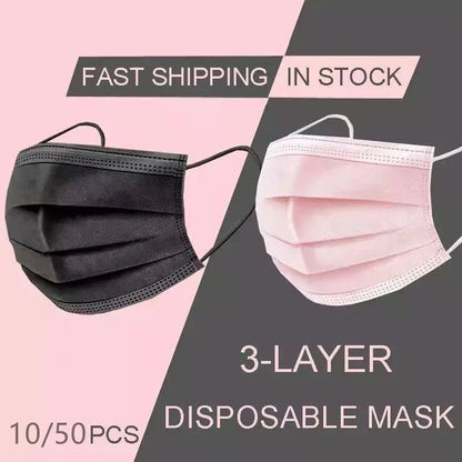 Promotional image featuring Kiss Me Later black and pink 3-layer disposable masks with ear loops. Text: FAST SHIPPING IN STOCK, 10/50PCS—ideal for bulk face mask buyers—on a split gray and mauve background.