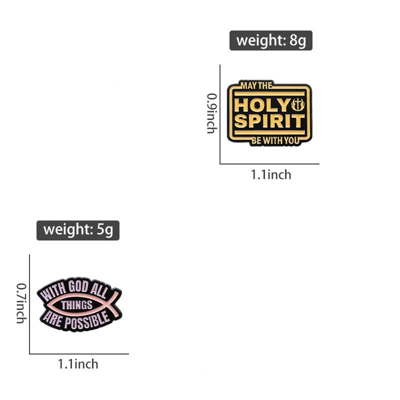Two badges are shown: a Holy Spirit pin-inspired design (0.9 x 1.1 in, 8g) and one with WITH GOD ALL THINGS ARE POSSIBLE (0.7 x 1.1 in, 5g).