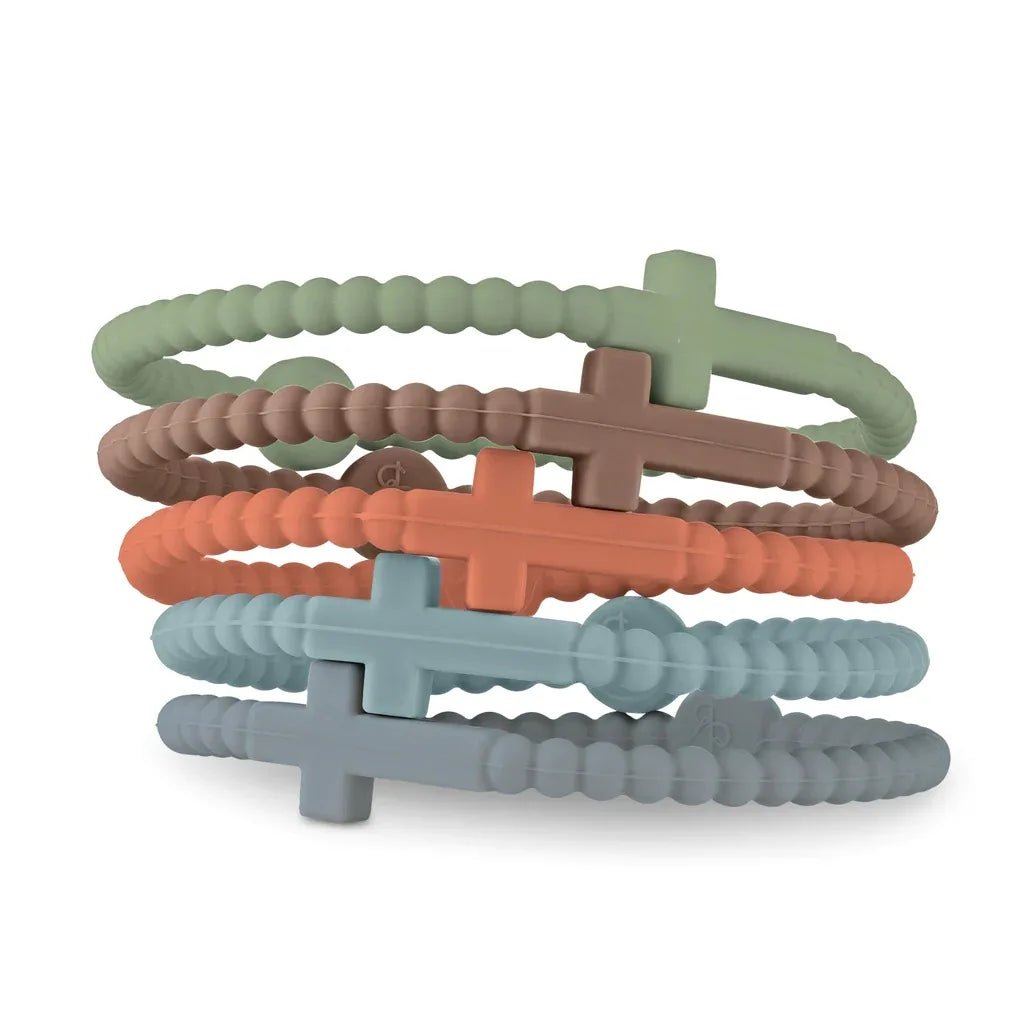 Four beaded silicone bracelets by Kiss Me Later in green, brown, orange, and blue, each with a cross charm and stacked on a white background—the perfect Cutie Bracelet set to express your faith in Jesus.