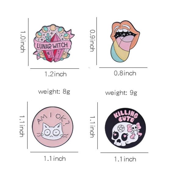 Enamel pin set includes a pink cat with “Am I OK?”, a crystal with “Lunar Witch,” a rainbow tongue, and a skull with “Killing Cute,” each tagged with size and weight details.