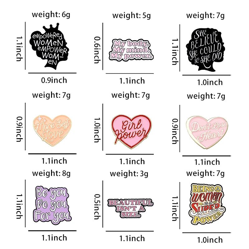 A grid of nine enamel pins, each 1.1 x 0.9 inches and 5-9g, features feminist-themed hearts or text bubbles with bold self-love phrases in vibrant colors.
