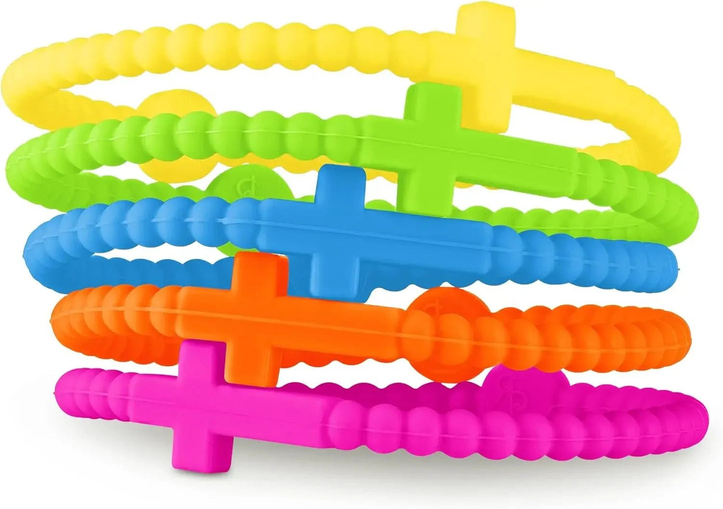 Five colorful, textured silicone bracelets by Kiss Me Later are stacked, each with a cross shape. Available in yellow, green, blue, orange, and pink—perfect for expressing faith and style with a nod to Jesus.