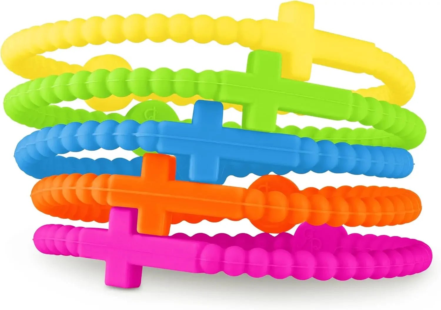 Five colorful, textured silicone bracelets by Kiss Me Later are stacked, each with a cross shape. Available in yellow, green, blue, orange, and pink—perfect for expressing faith and style with a nod to Jesus.