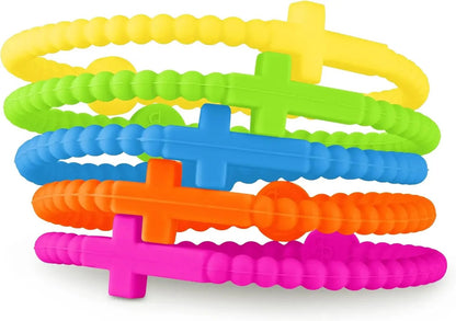 Five colorful, textured silicone bracelets by Kiss Me Later are stacked, each with a cross shape. Available in yellow, green, blue, orange, and pink—perfect for expressing faith and style with a nod to Jesus.